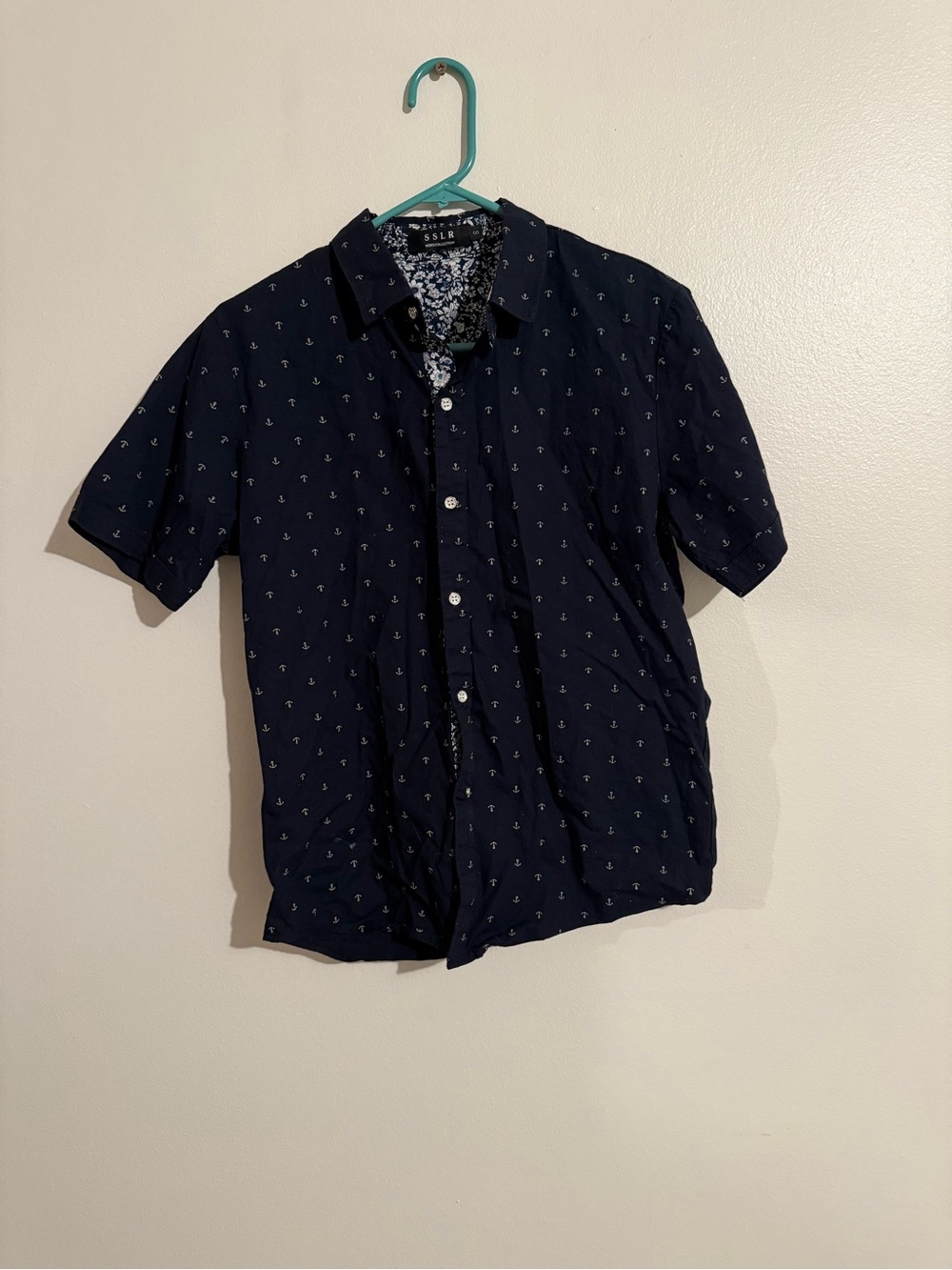 SSLR Dark Navy blue Mens S short sleeve button up shirt: anchor pattern nautical
